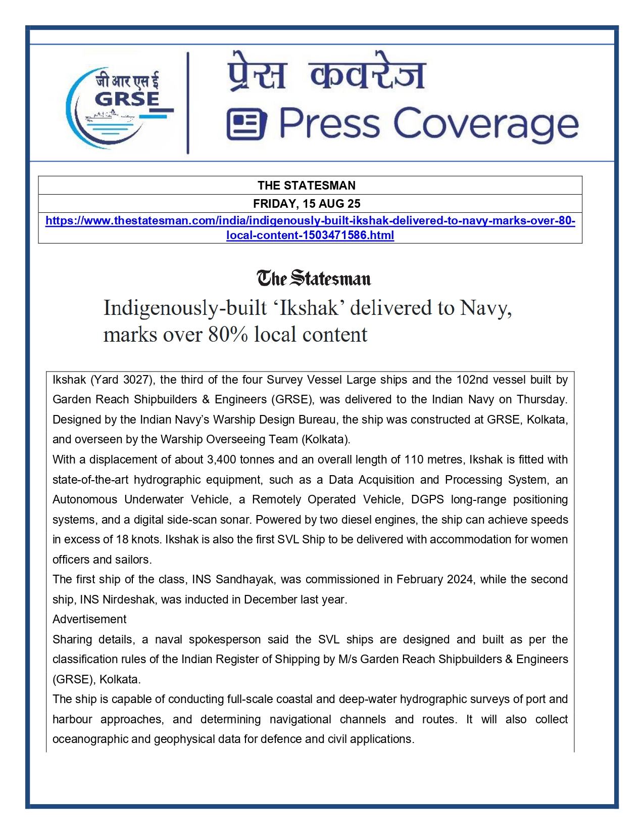 Press Coverage : 15 Aug 25:Navy takes delivery of Third Survey Vessel 'Ikshak' from GRSE